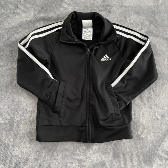 Adidas Track Jacket Black & White Three‎ Stripe Full Zip Coat Boys Size 4 - Picture 1 of 7